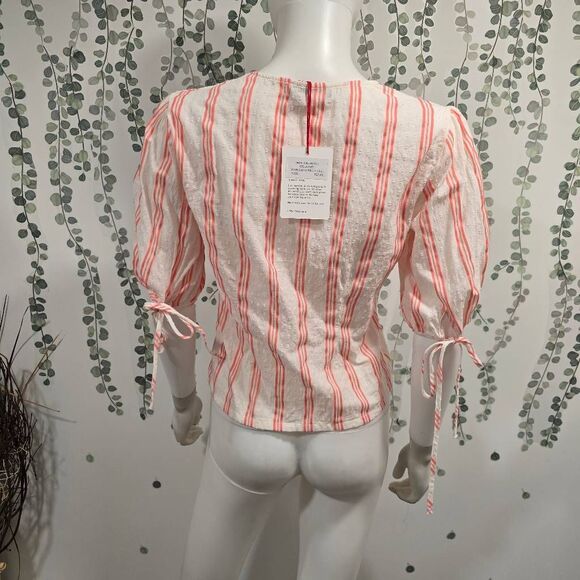 The Good Jane Striped Button Front Peplum Top Puff Sleeve NWOT Size Small (Measu - Picture 6 of 9